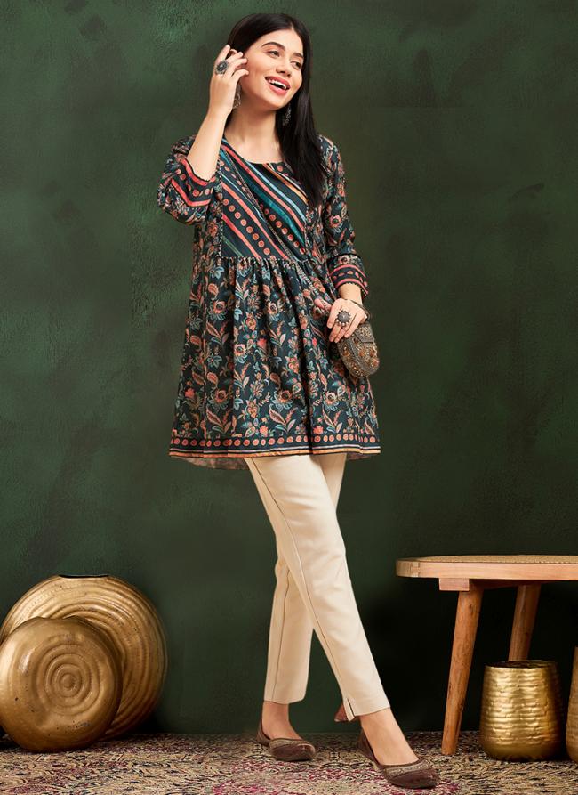 Chinon Green Casual Wear Printed Readymade Short Kurti